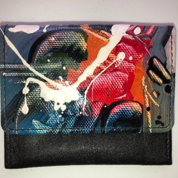 BRUSHSTROKES Handmade Abstract Black Leather Mini Wallet w/ Change Purse NEW! - Picture 2 of 6
